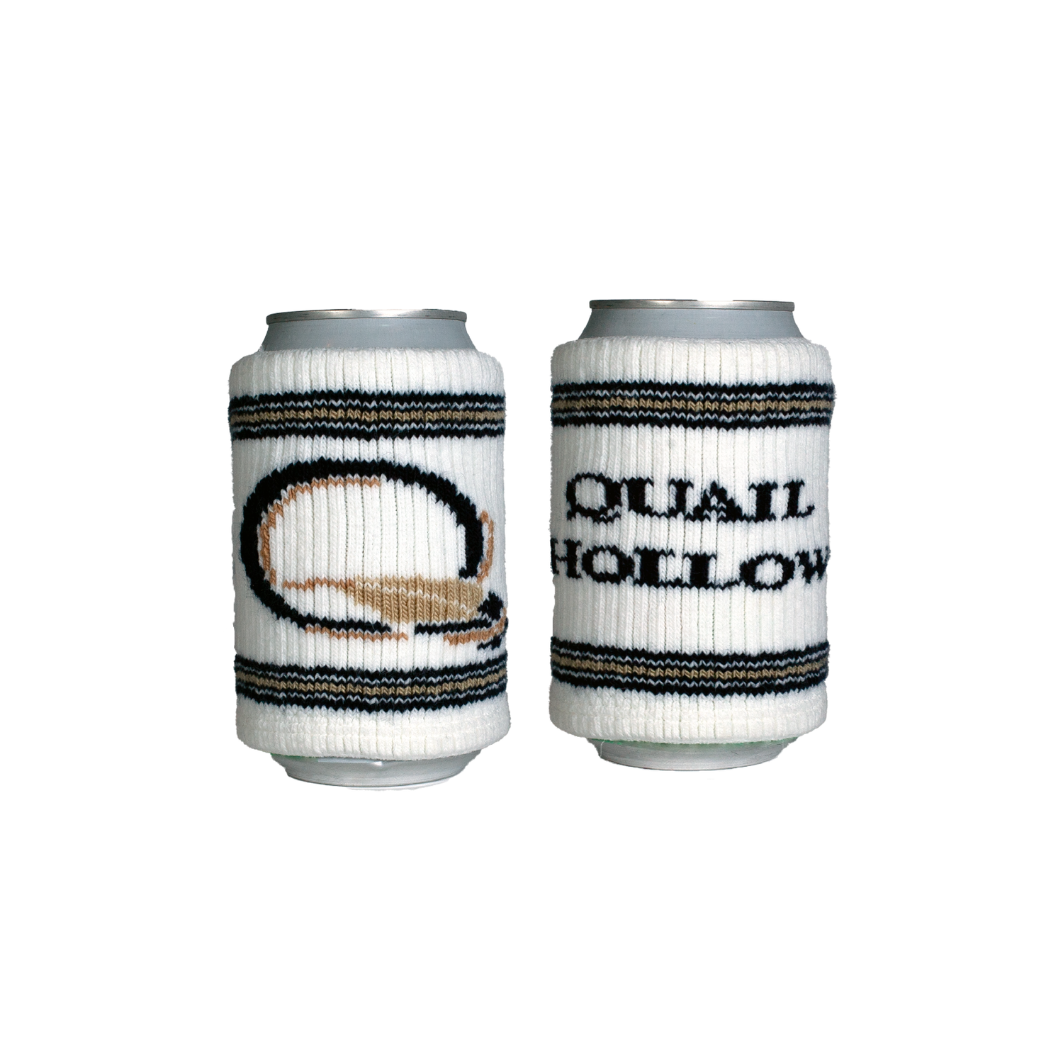 White knit can cooler with dark blue and gold stripes with Quail Hollow logo in blue and gold in the center | Wild Golf | Charlotte, NC
